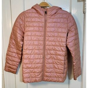 Lands End Kids Girl Puffer Jacket Pastel Pink Zip Hooded Lightweight L/10-12